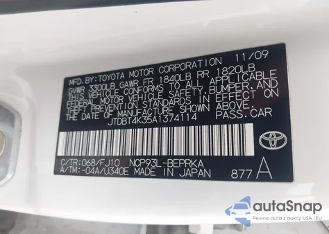 2010 Toyota Yaris z USA, uszkodzony, nr VIN JTDBT4K35A1374114